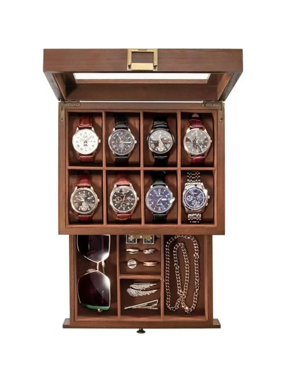 Wood Watch Box for Men 8 Slot Display Case with Drawer Jewelry Organizer